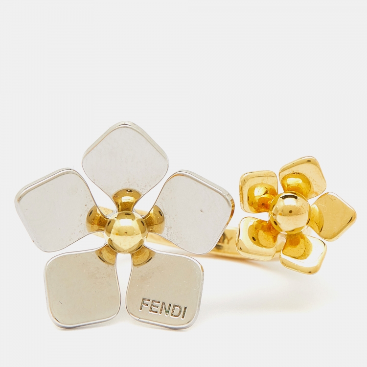 Pre Owned Fendi Two Tone Flower Motif Open Ring Size 52.5