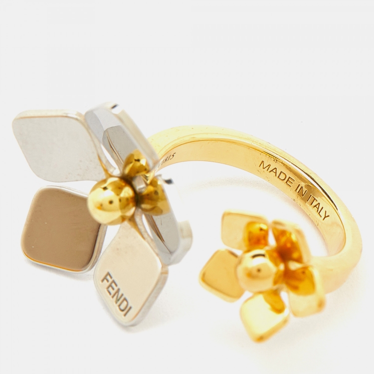 Pre Owned Fendi Two Tone Flower Motif Open Ring Size 52.5