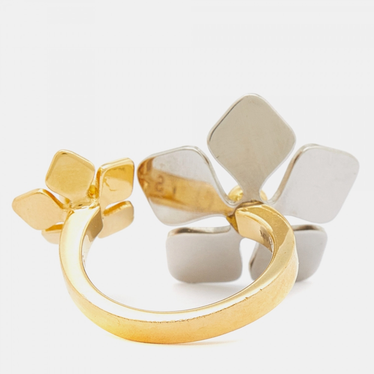 Pre Owned Fendi Two Tone Flower Motif Open Ring Size 52.5