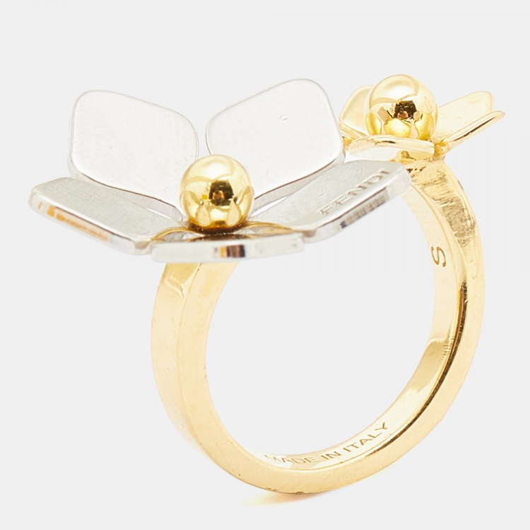 Pre Owned Fendi Two Tone Flower Motif Open Ring Size 52.5