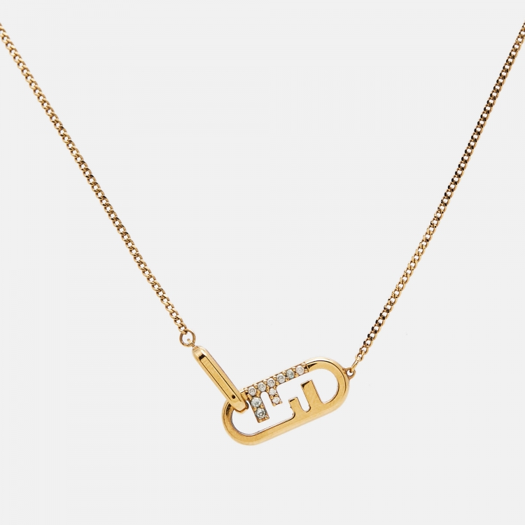 Pre Owned Fendi O'Lock Crystals Gold Tone Necklace