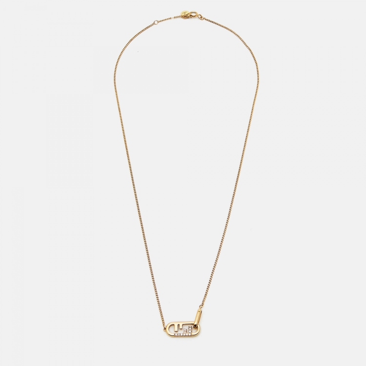 Pre Owned Fendi O'Lock Crystals Gold Tone Necklace