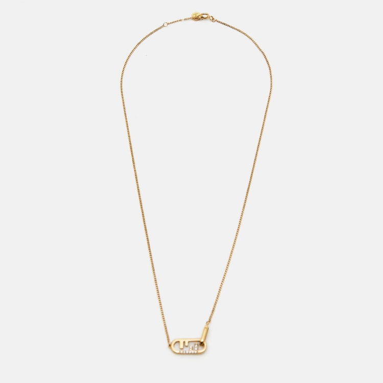 Pre Owned Fendi O'Lock Crystals Gold Tone Necklace