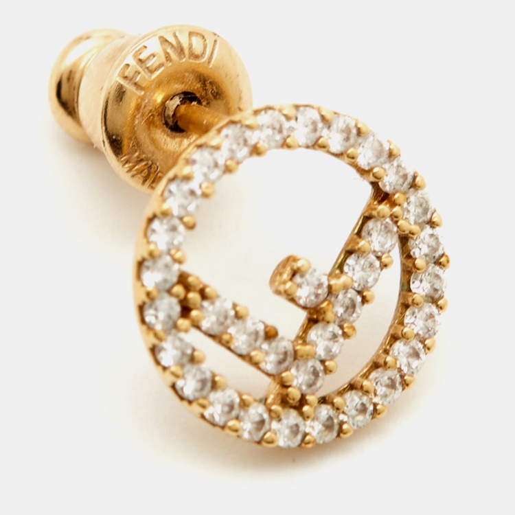 Pre Owned  Fendi F is Fendi Crystal Gold Tone Stud Earrings