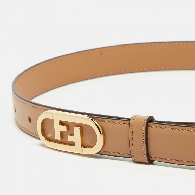 Pre Owned Fendi Beige Leather FF Oval Sim Belt 80CM