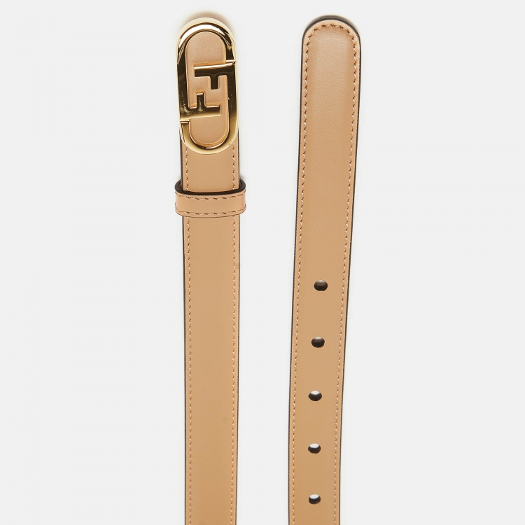 Pre Owned Fendi Beige Leather FF Oval Sim Belt 80CM