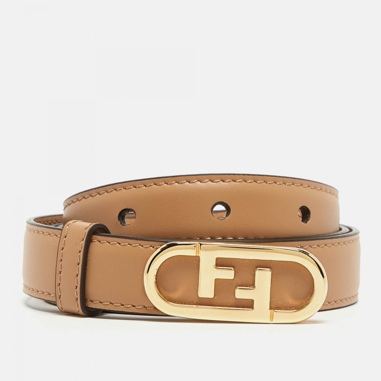 Pre Owned Fendi Beige Leather FF Oval Sim Belt 80CM