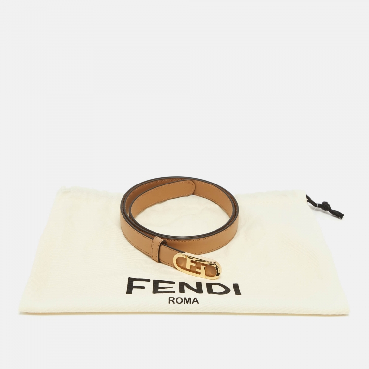 Pre Owned Fendi Beige Leather FF Oval Sim Belt 80CM