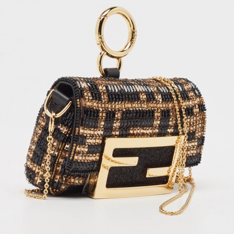 Pre Owned Fendi Black/Gold FF Beaded Nano Baguette Charm 