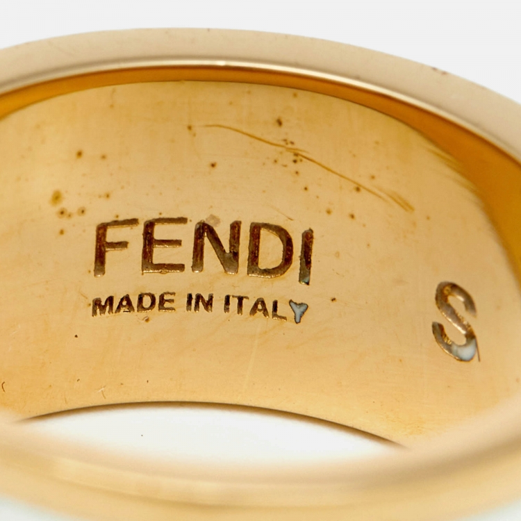 Pre Owned Fendi FF Logo Forever Enamel Gold Tone Ring Size 52