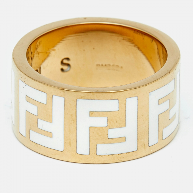 Pre Owned Fendi FF Logo Forever Enamel Gold Tone Ring Size 52