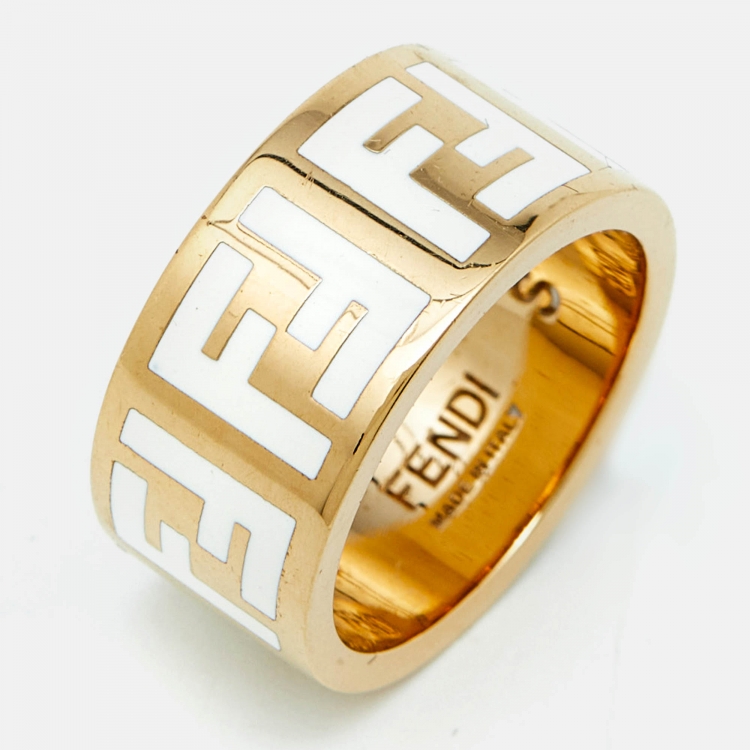 Pre Owned Fendi FF Logo Forever Enamel Gold Tone Ring Size 52