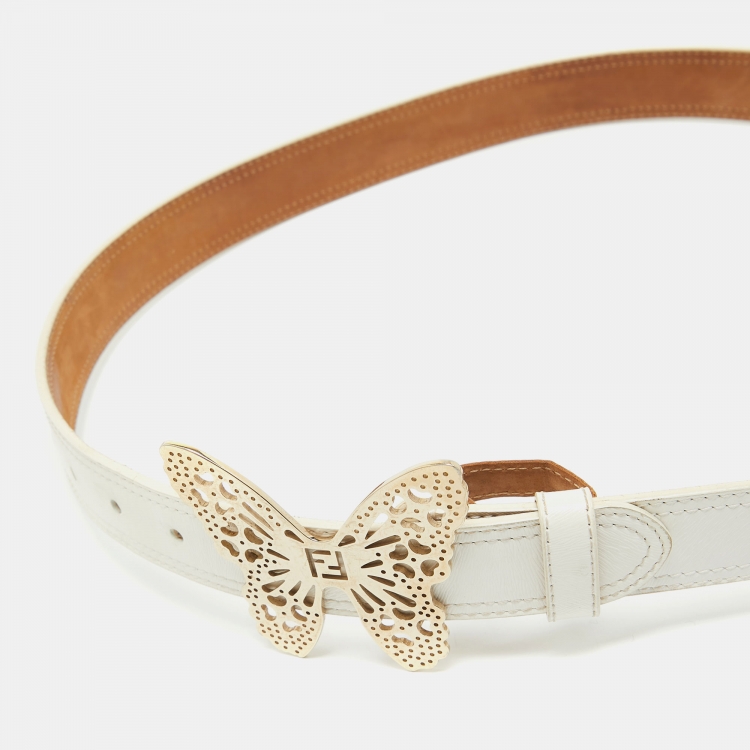 Pre Owned Fendi White Leather Butterfly Buckle Belt 90 CM
