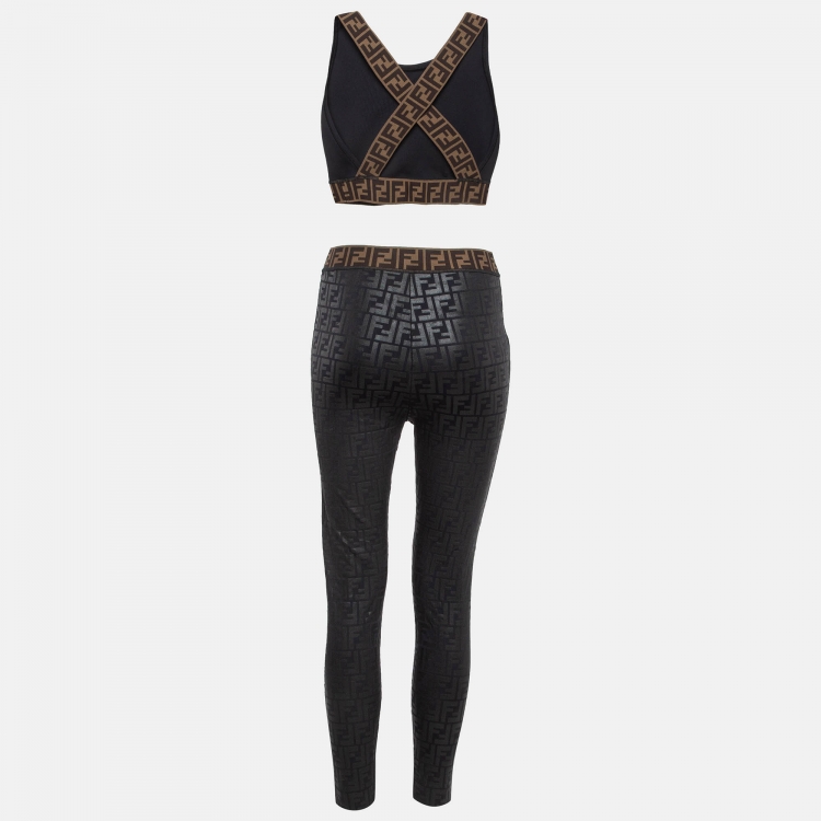 Fendi Black Monogram Print Jersey Leggings and Crop Top Set S Fendi TLC