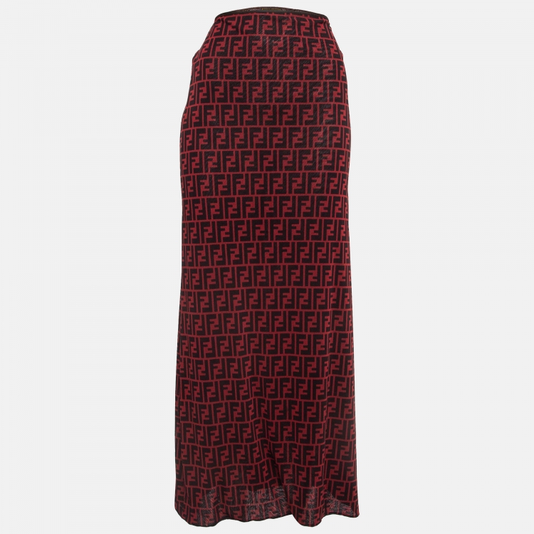 Pre Owned Fendi Vintage Red/Black Monogram Print Jersey Maxi Skirt M