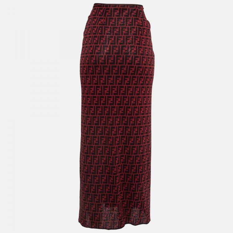 Pre Owned Fendi Vintage Red/Black Monogram Print Jersey Maxi Skirt M