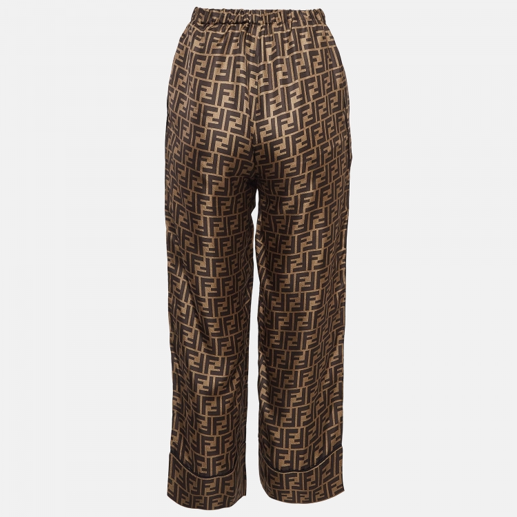Pre Owned Fendi Brown Zucca Print Silk Trousers XS
