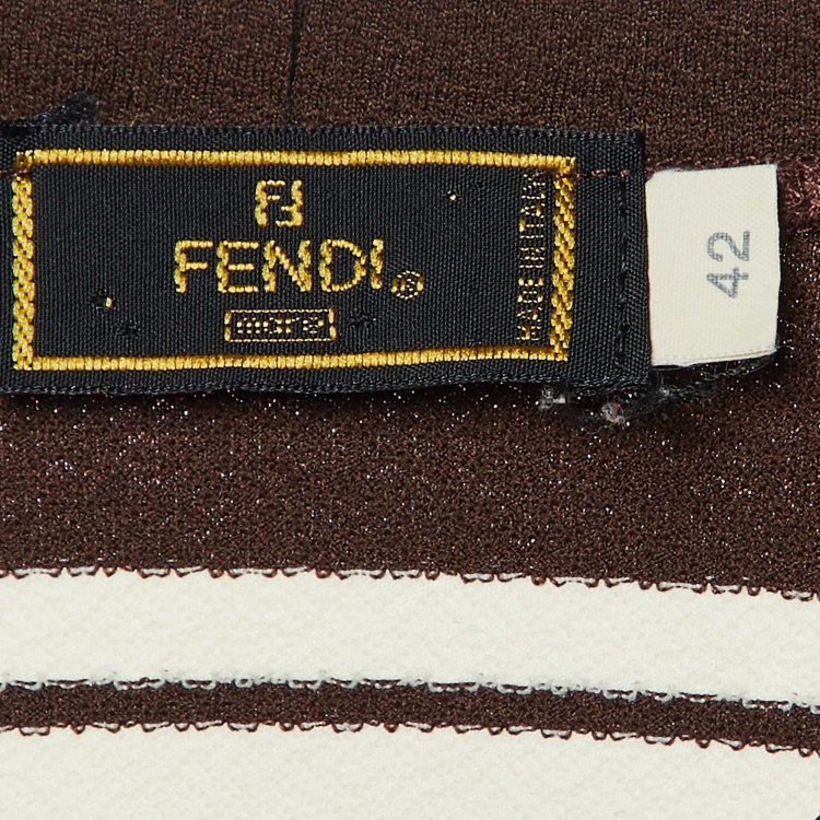 Pre Owned Fendi Vintage Brown/White Logo Patterned Jersey V-Neck Top M