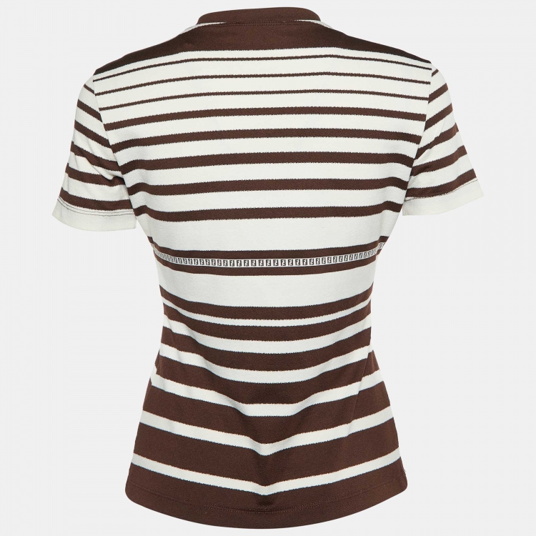 Pre Owned Fendi Vintage Brown/White Logo Patterned Jersey V-Neck Top M