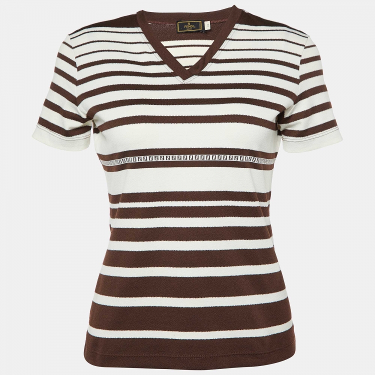 Pre Owned Fendi Vintage Brown/White Logo Patterned Jersey V-Neck Top M