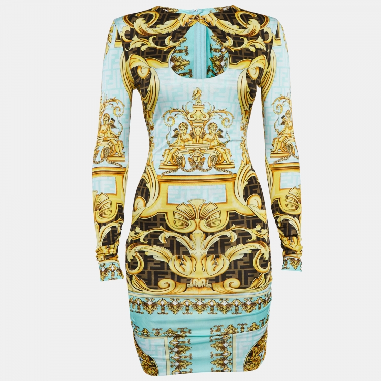 Pre Owned Fendace Fendi x Versace Multicolor Printed Jersey Ruched Mini Dress S