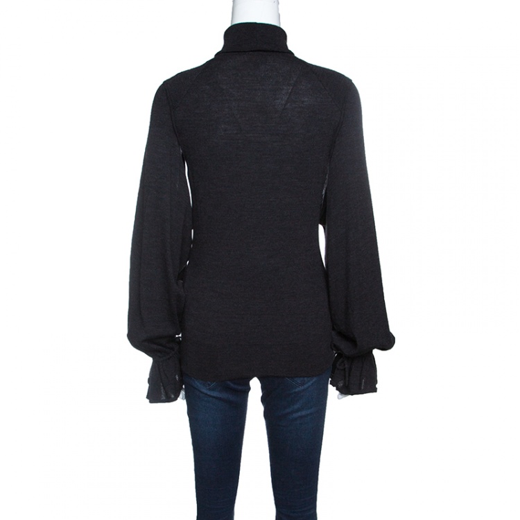 Pre Owned Fendi Grey Wool Armhole Cutout Detail Ruffled Cuff Sweater M