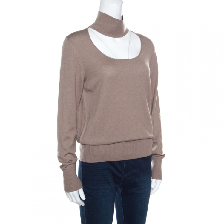 Pre Owned Fendi Mocha Wool Cut Out Neckline Detail Long Sleeve Sweater L