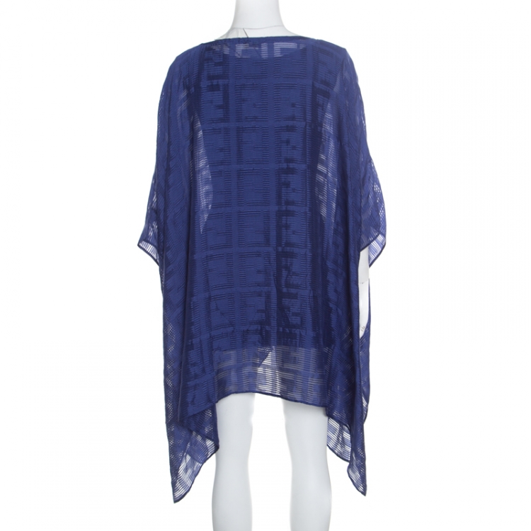 Pre Owned Fendi Cobalt Blue Logo Patterned Silk Beach Cover up Kaftan ( One Size )