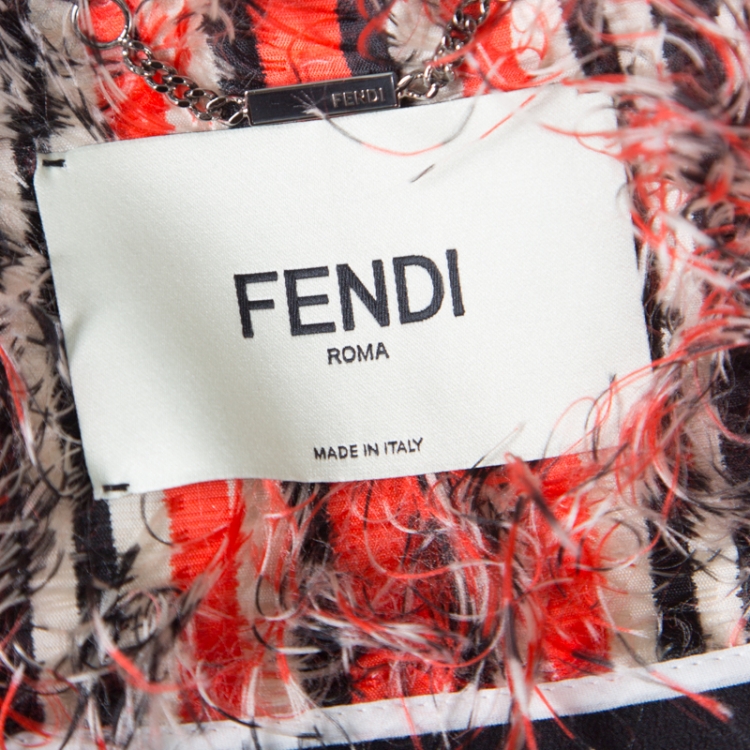 Pre Owned Fendi Orange and Black Striped Faux Ostrich Feather Belted Coat S