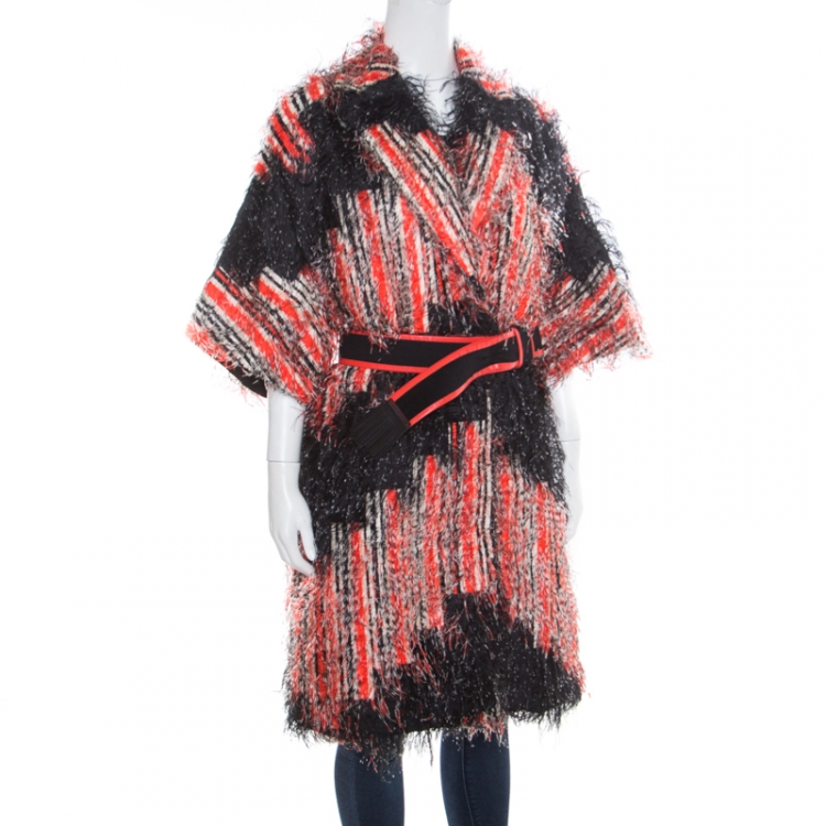 Pre Owned Fendi Orange and Black Striped Faux Ostrich Feather Belted Coat S