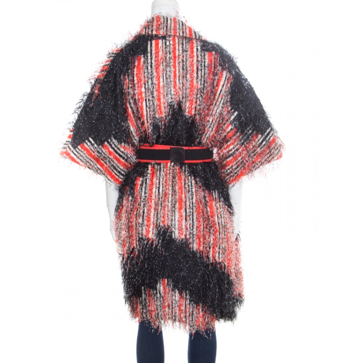 Pre Owned Fendi Orange and Black Striped Faux Ostrich Feather Belted Coat S