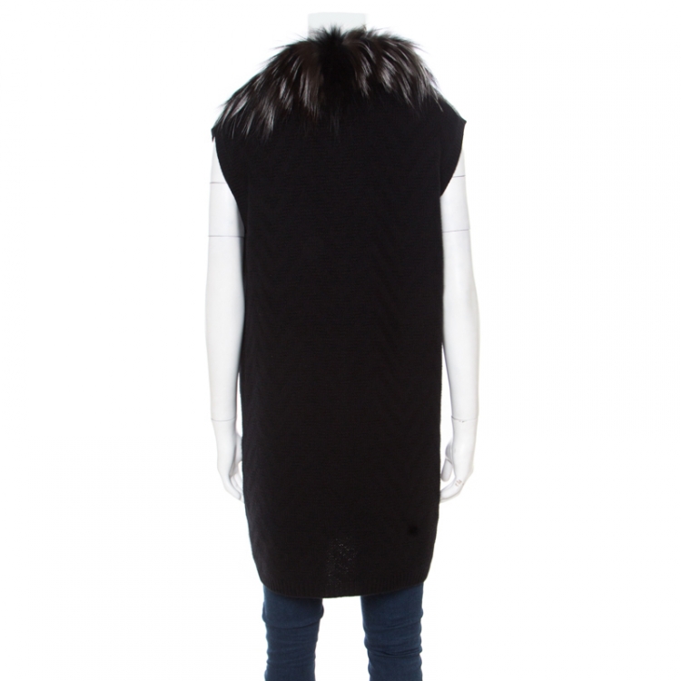 Pre Owned Fendi Black Tonal Chevron Patterned Cashmere Fox Fur Trim Cardigan M