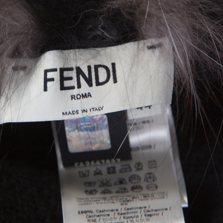 Pre Owned Fendi Black Tonal Chevron Patterned Cashmere Fox Fur Trim Cardigan M