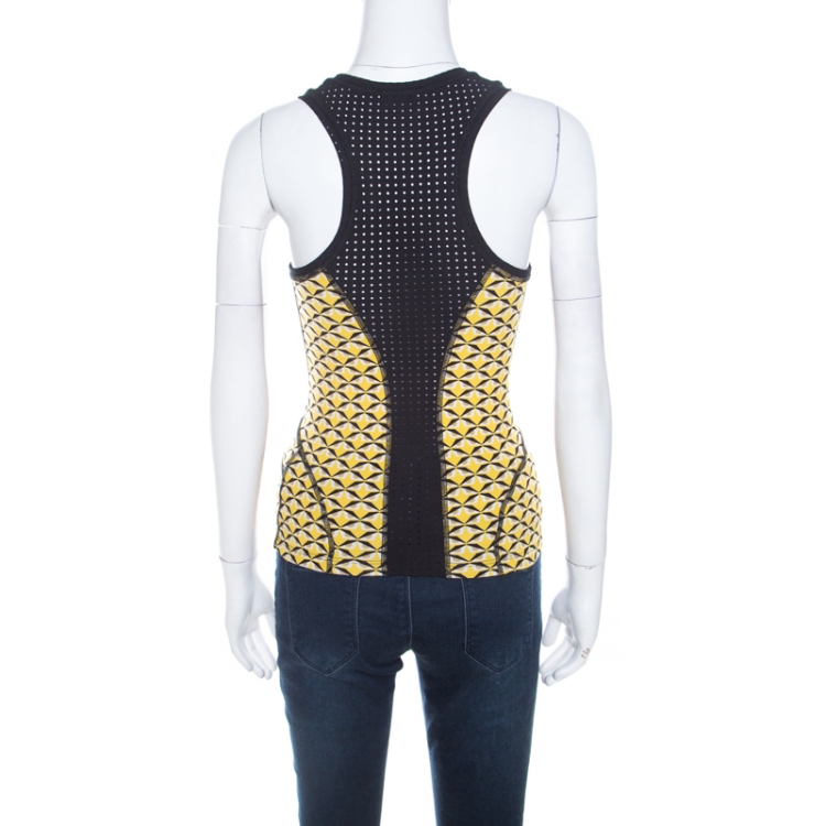 Pre Owned Fendi Canary Yellow Bag Bugs Eye Print Perforated Trim Tank Top S