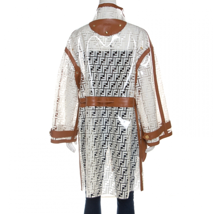 Pre Owned Fendi White Plastic and Leather Zucca Logo Monogramed Coat M 