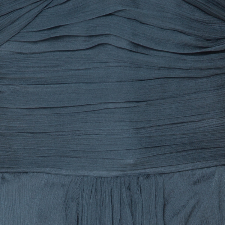 Pre Owned Fendi Grey-Teal Chiffon Corset Bodice Ruched & Draped Short Strapless Dress S