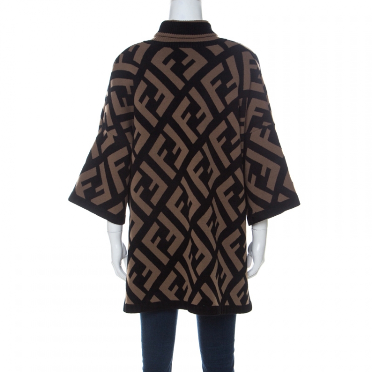 Pre Owned Fendi Brown & Black Logo Print Wool Blend Turtle Neck Sweater S
