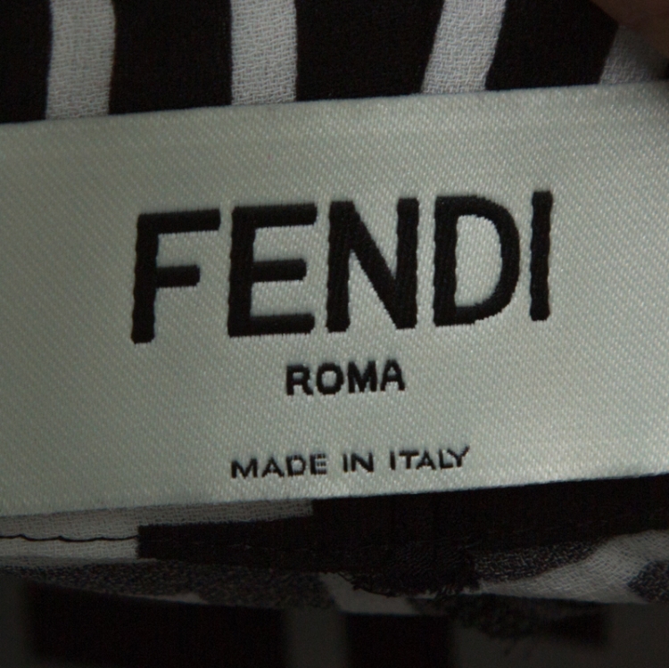 Pre Owned Fendi Black & White Monogram Logo Print Silk Crepe De Chine Wide Leg Cropped Pants S