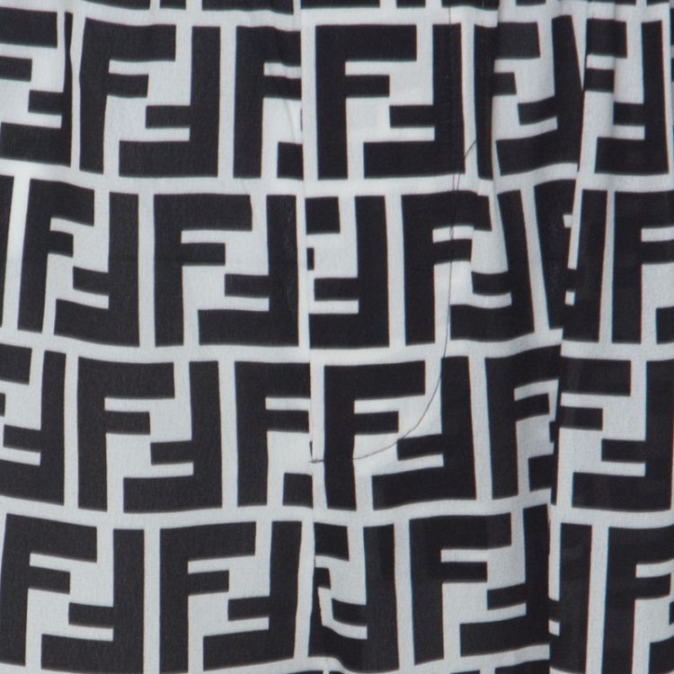 Pre Owned Fendi Black & White Monogram Logo Print Silk Crepe De Chine Wide Leg Cropped Pants S