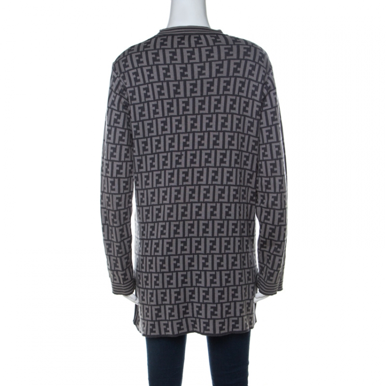 Pre Owned Fendi Grey Zucca Pattern Cotton Button Front Cardigan M