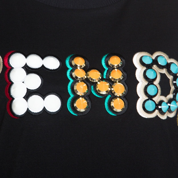 Pre Owned Fendi Black Cotton Stud Embellished Logo Detail T-Shirt S