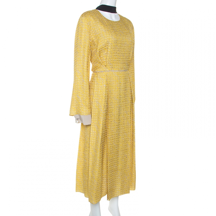 Fendi Yellow Textured Silk Collar Tie Detail Grisaille Maxi Dress L