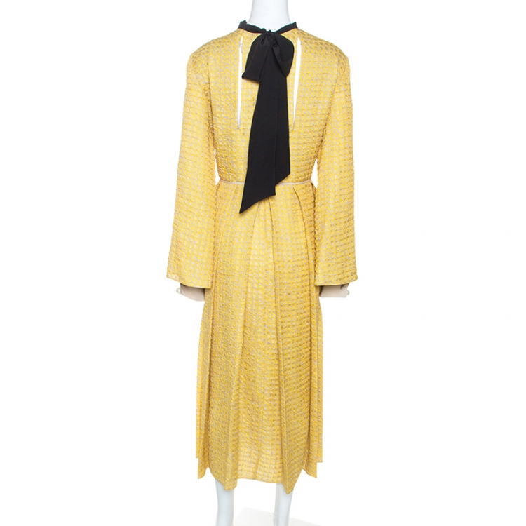 Pre Owned Fendi Yellow Textured Silk Collar Tie Detail Grisaille Maxi Dress L