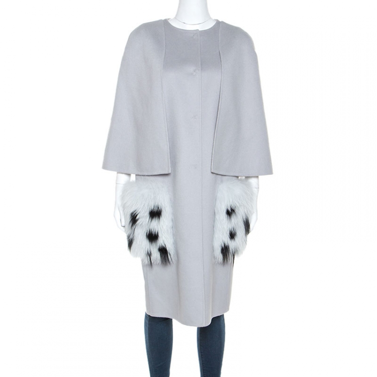 Fendi Light Grey Wool Fur Pocket Detail, Wool Coat With Fur Pockets