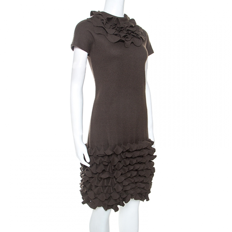 Pre Owned Fendi Brown Fleece Flounce Trim Detail Dress S