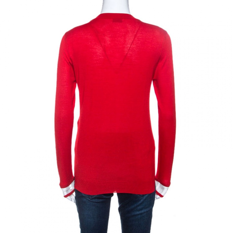 Pre Owned Fendi Red Cashmere Knit Floral Stud Embellished Sweater M