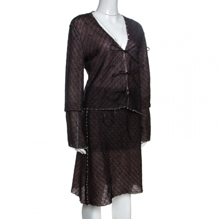 Pre Owned Fendi Vintage Bicolor Knit Embellished Detail Skirt and Cardigan Set L