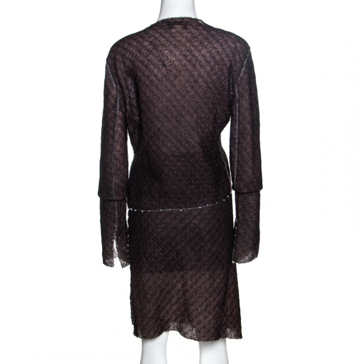 Pre Owned Fendi Vintage Bicolor Knit Embellished Detail Skirt and Cardigan Set L