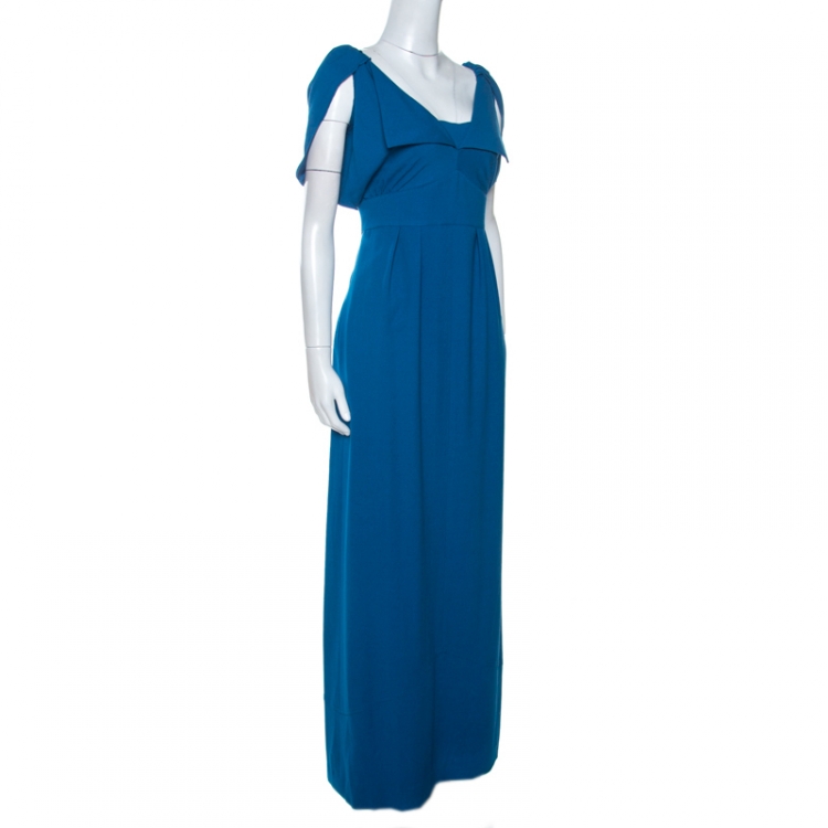 Pre Owned Fendi Blue Wool Blend Crepe Raw Edge Detail Maxi Dress M