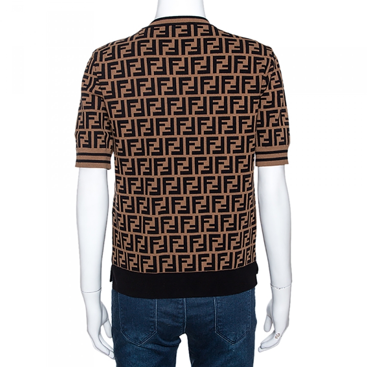 Pre Owned Fendi Black & Brown Zucca Monogram Print Knit Top M